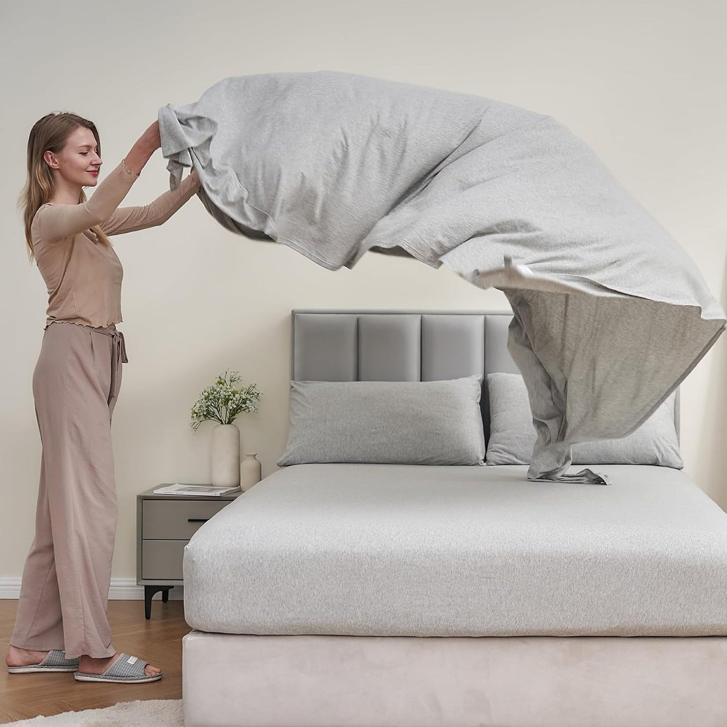 Breathable Skin-Friendly Ultra Soft Cotton Jersey Bed Sheet Set - Grey Marle