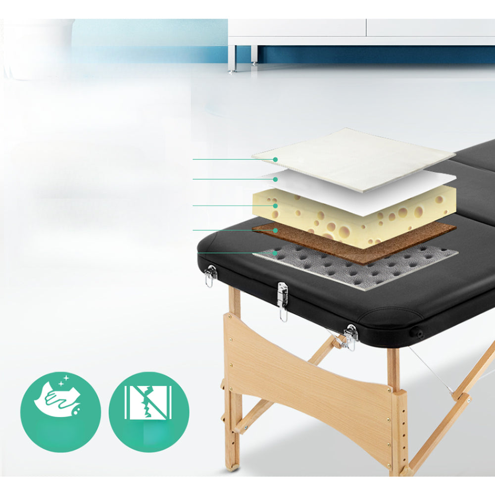 60cm Wide Portable Wooden Massage Table 3 Fold Treatment Beauty Therapy Black