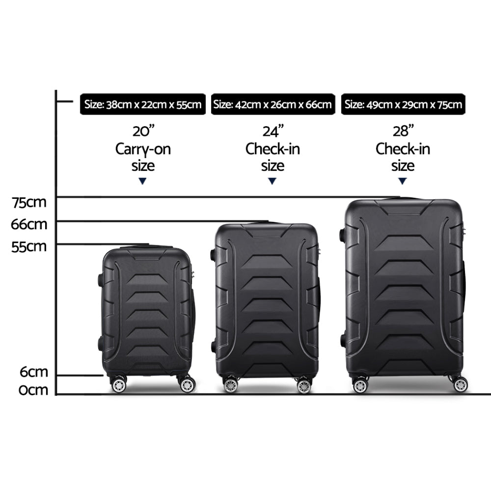 3pc Luggage Travel Sets Suitcase Trolley Lock Bonus Black
