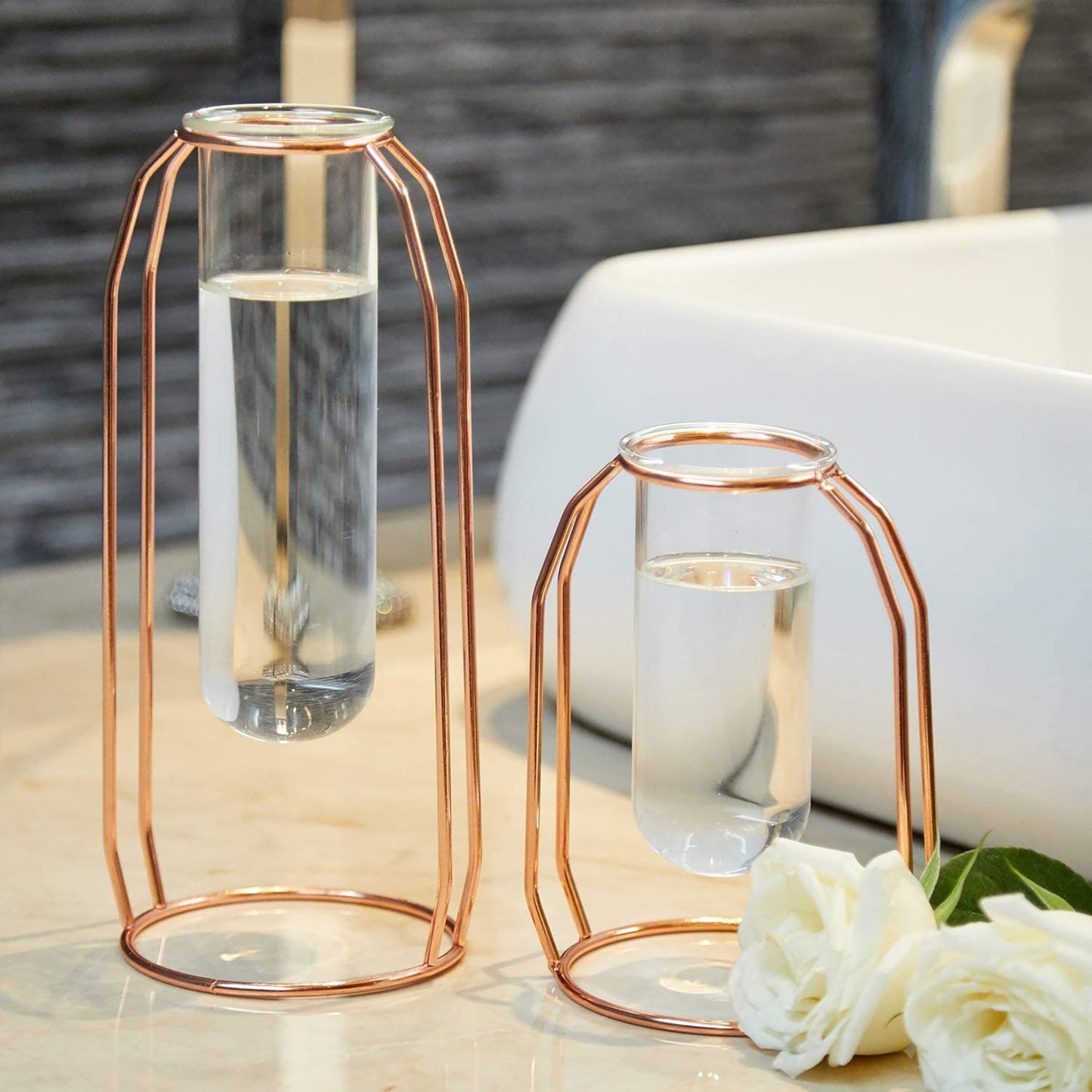 Set of 2 Metal Glass Flower Vase Planter Terrariums Cylinder Vase Home Decor - Rose Gold