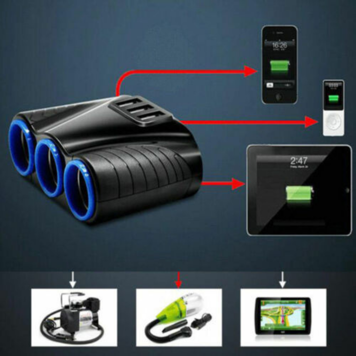 3 Way DC Car Charger Multi Socket with USB Ports
