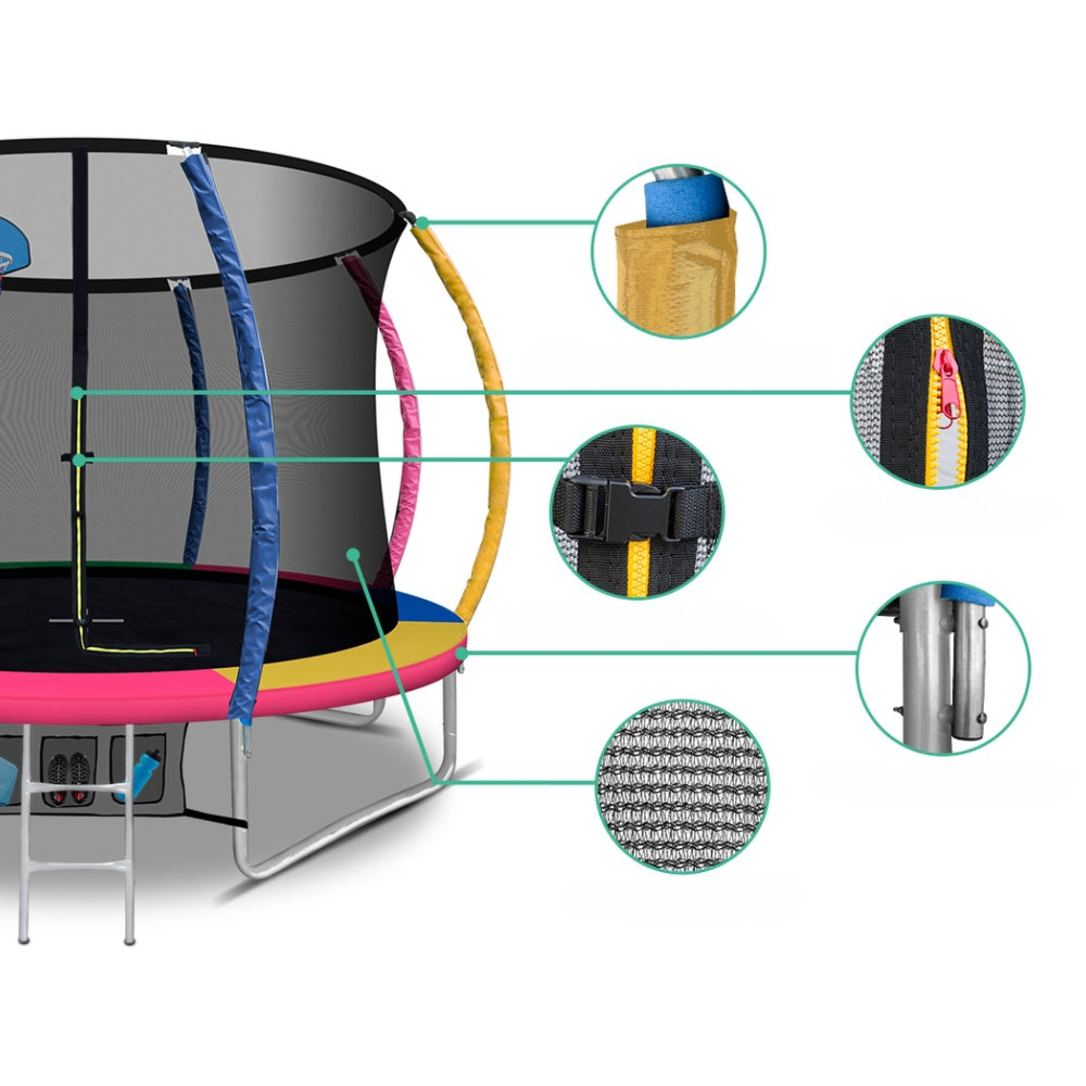Kids Outdoor Round Trampoline with Basketball Hoop Enclosure Safety Net Pad 10FT - Multi Coloured