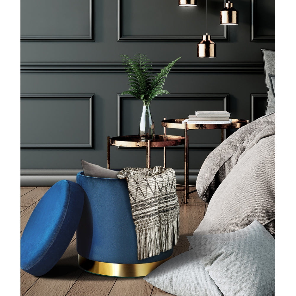 Foot Stool Round Velvet Storage Ottoman Foot Rest Pouffe Footstool Navy