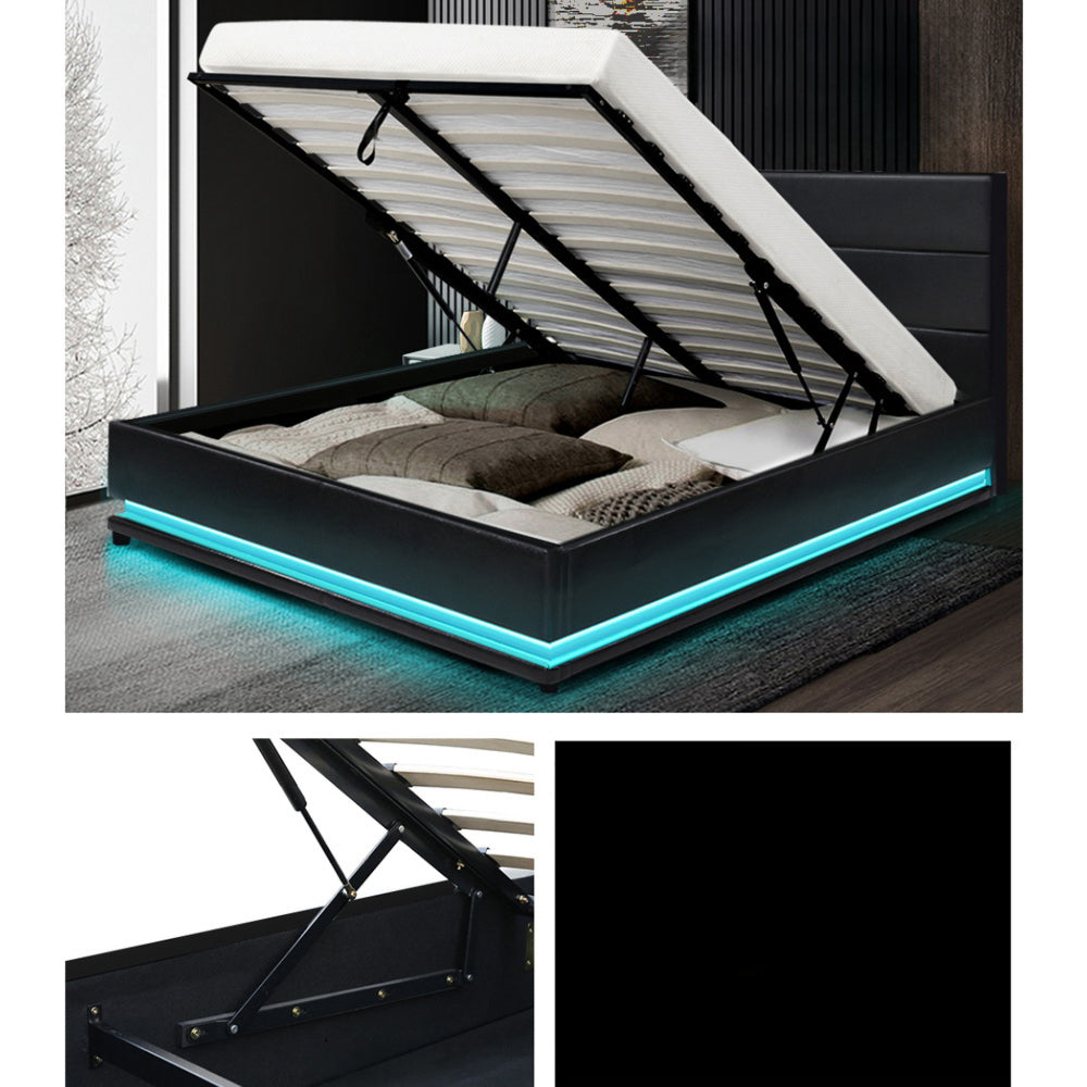 LED Bed Frame PU Leather Gas Lift Storage - Black Queen