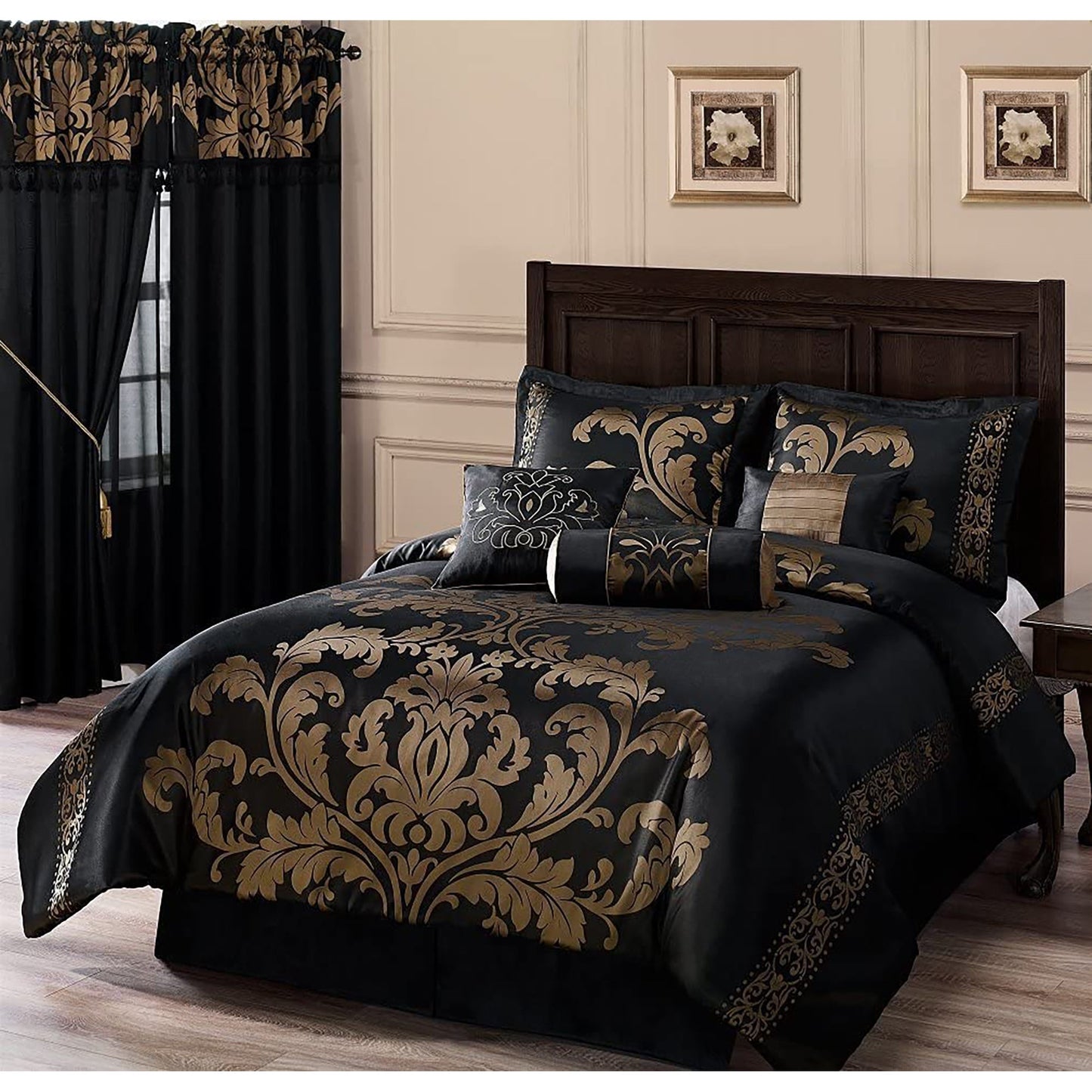 7 Piece Royale Jacquard Floral Comforter Set Queen - Black and Gold