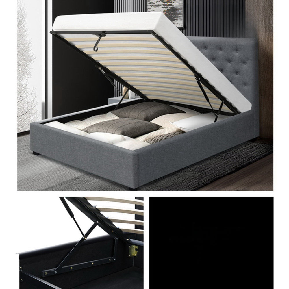 Bed Frame Fabric Gas Lift Storage - Grey King Single