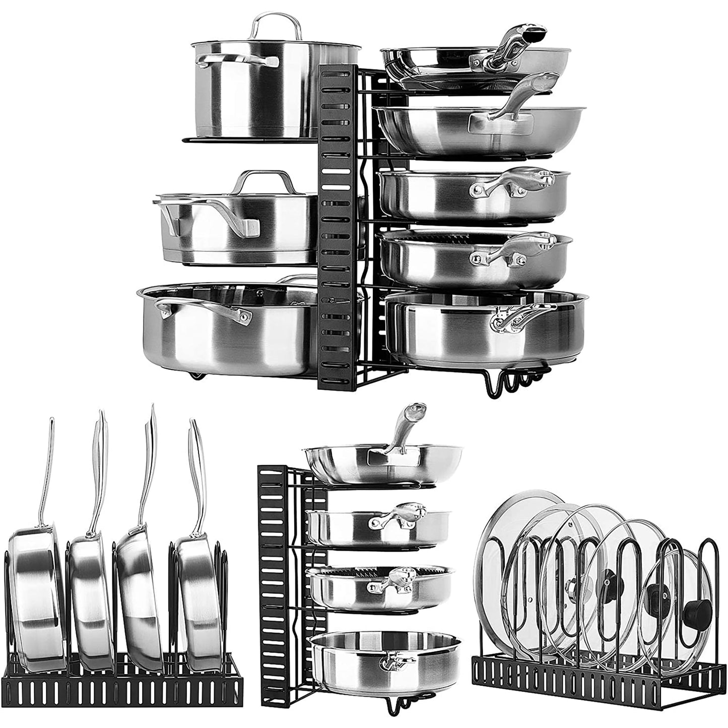 10 Adjustable Pots and Pans Organizer Rack with 3 DIY Methods for Kitchen Cabinet - Black