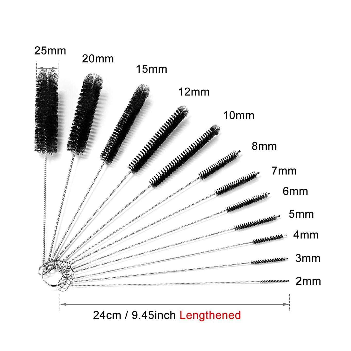 Stainless Steel Brushes for Cleaning Small Pipe Bottles and Reusable Straws 24 cm - Black