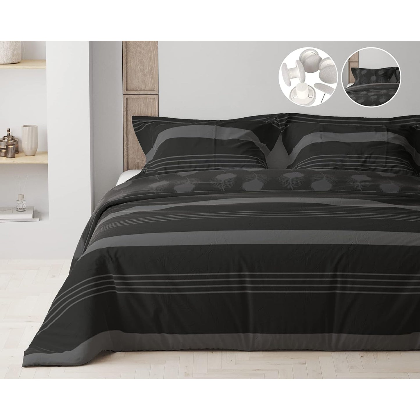 Reversible Microfibre Queen Bed Quilt Cover Set with Button Closure - Black Grey Charcoal