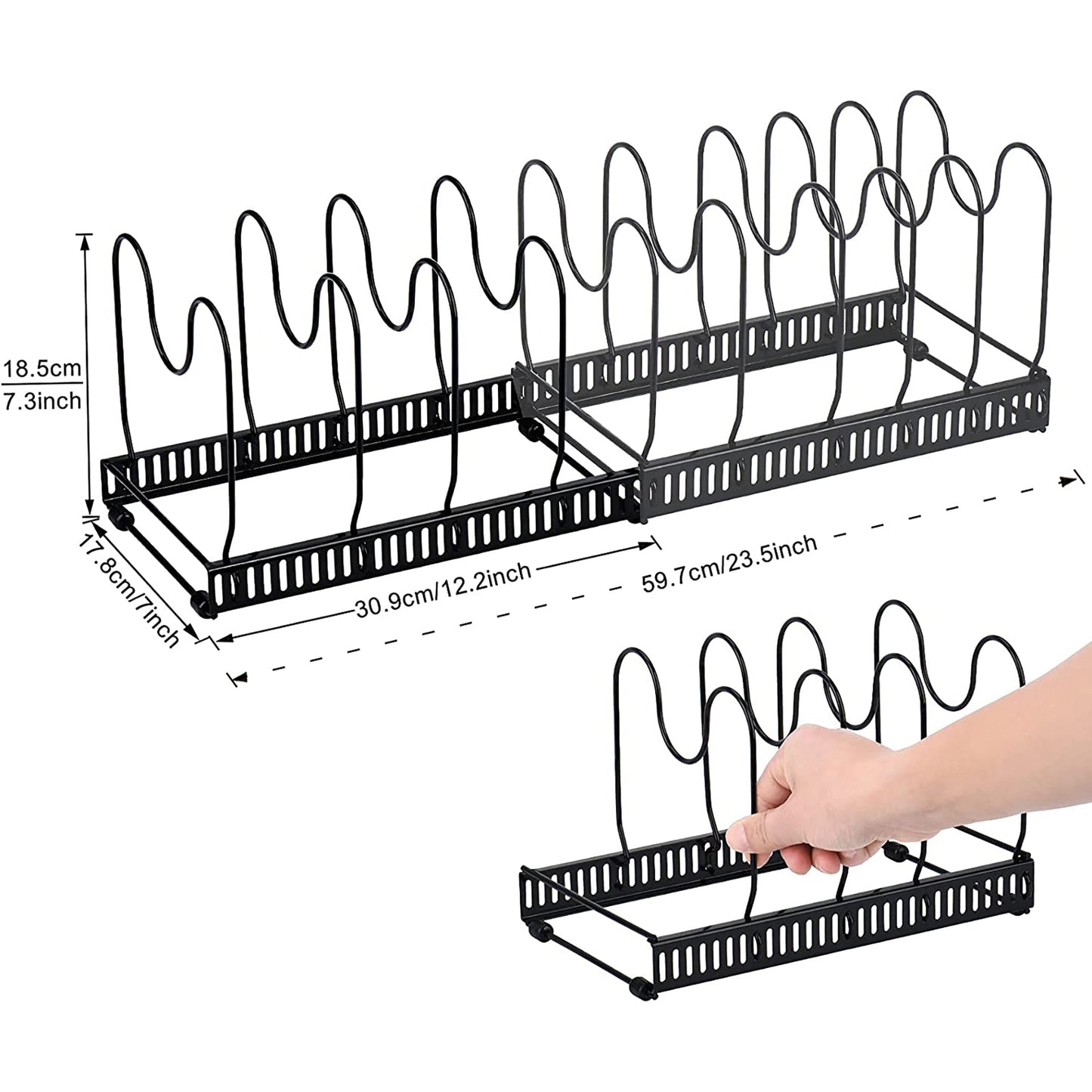 Expandable Pan Organizer Rack with 10 Adjustable Compartments Cookware Holder - Black
