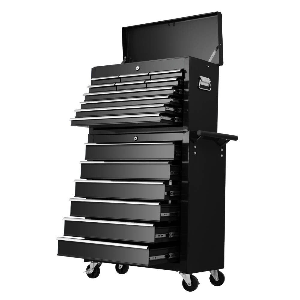 Tool Box Chest Trolley Cabinet Garage Storage Black - 16 Drawers