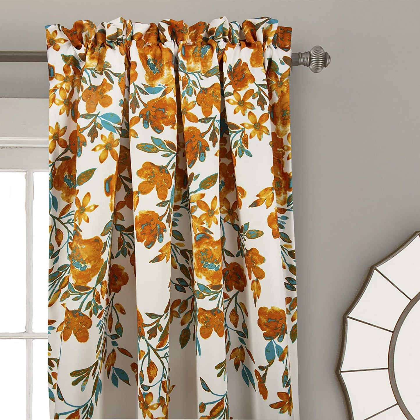 Room Darkening Floral Vine Print Window Panel Set 84 x 52 inch - Tangerine and Turquoise