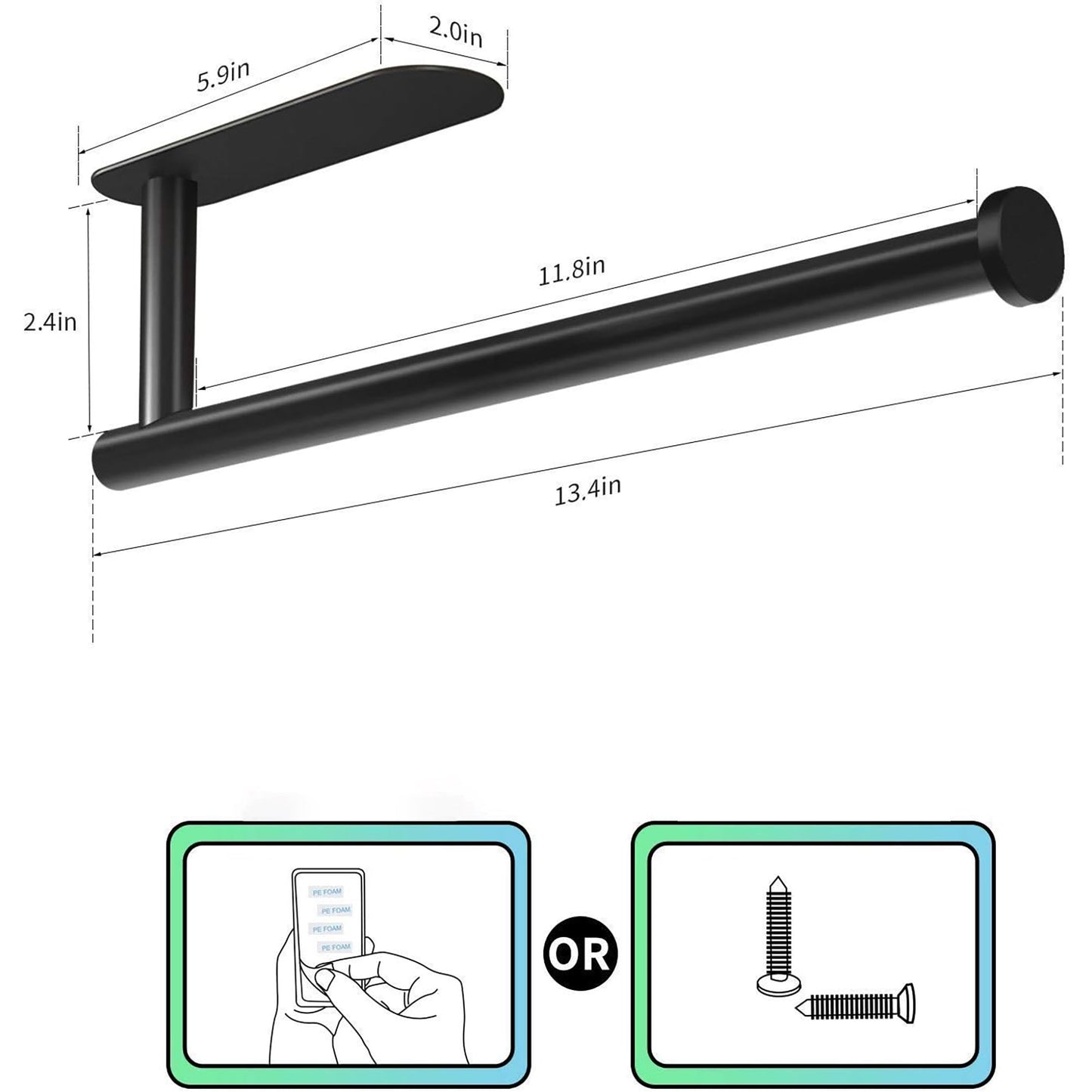 Stainless Steel Paper Tower Holder Self Adhesive or Drilling 13.4 Inch - Black