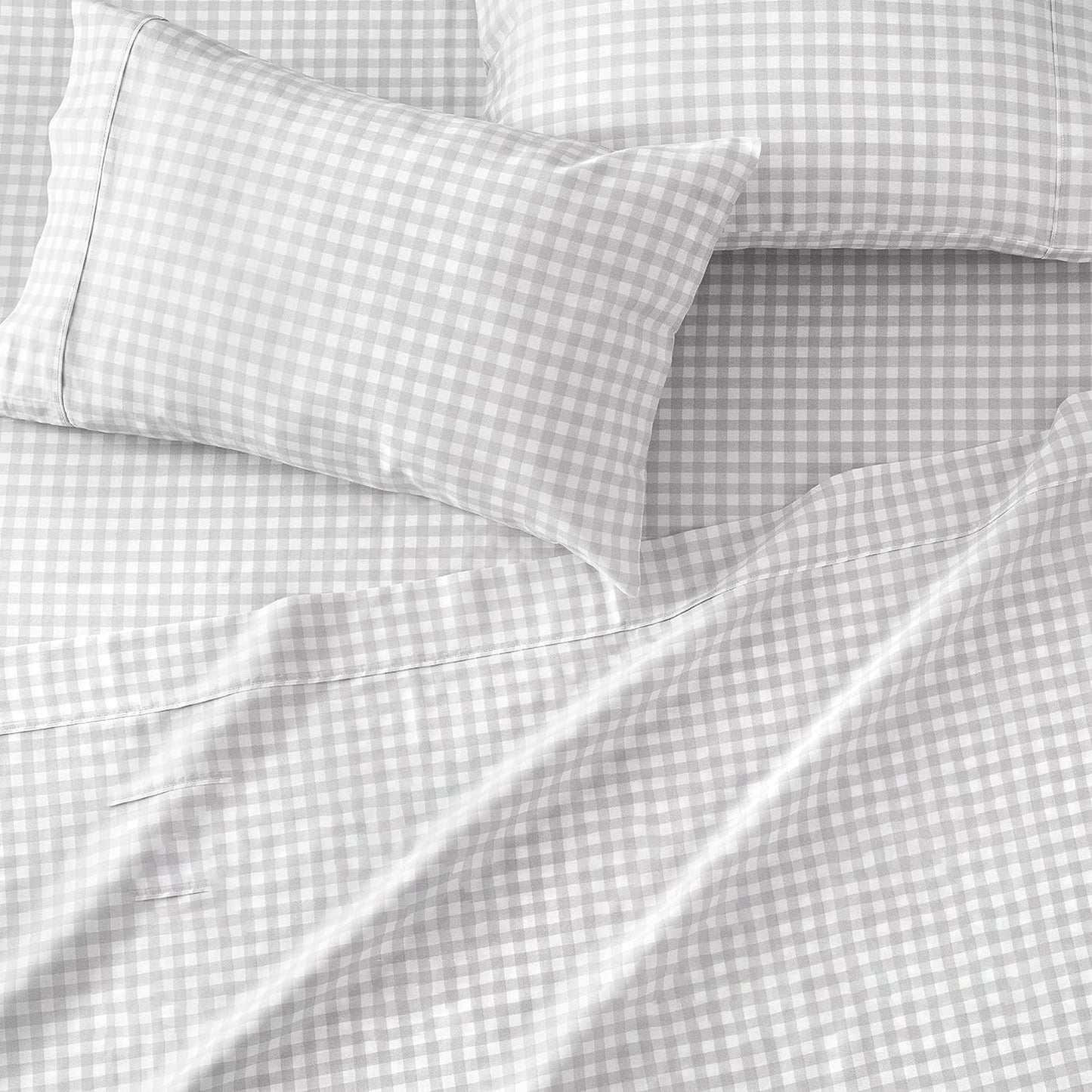 100% Cotton Soft and Durable Sateen Bed Sheet Set - Gingham Light Grey
