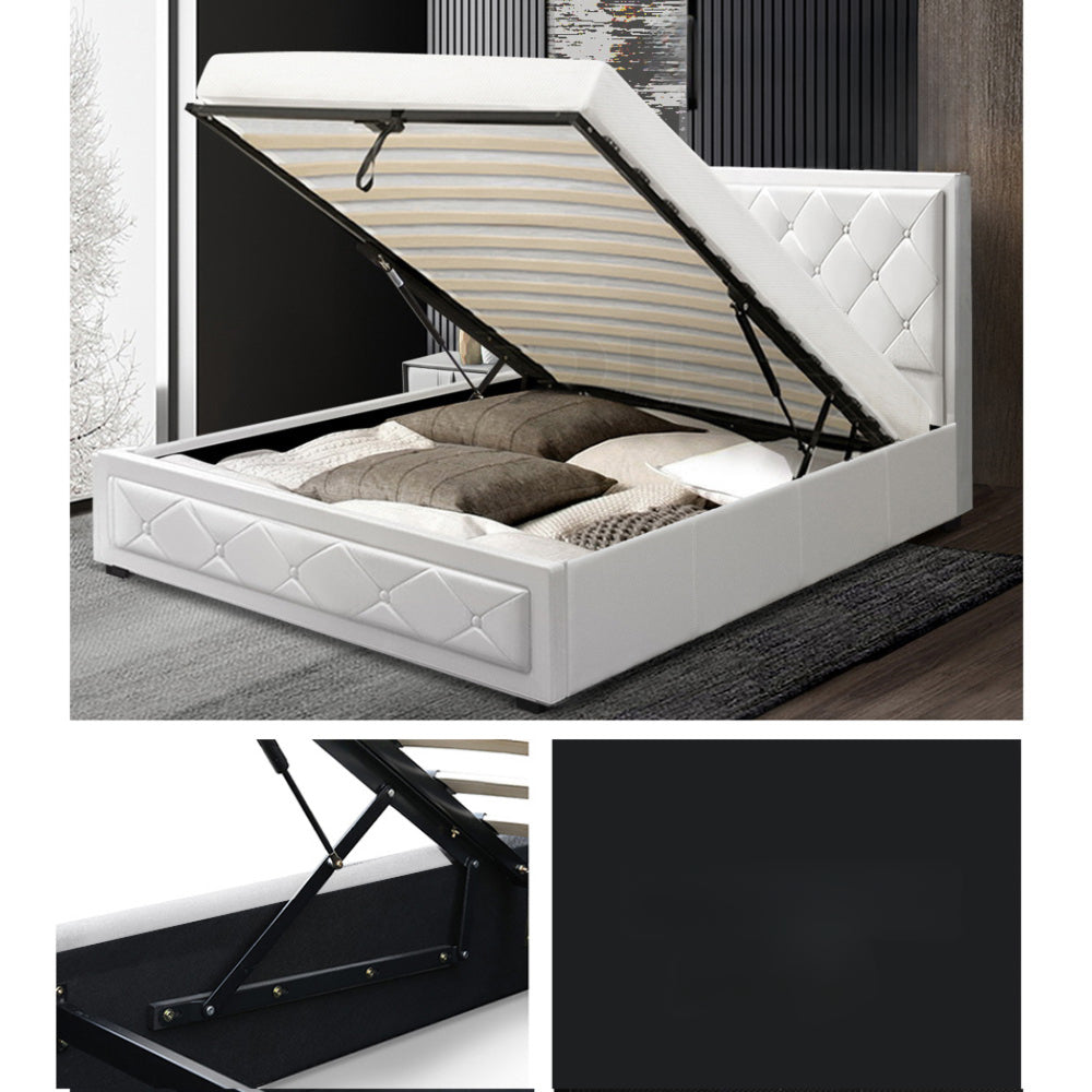 Bed Frame PU Leather Gas Lift Storage - White King Single