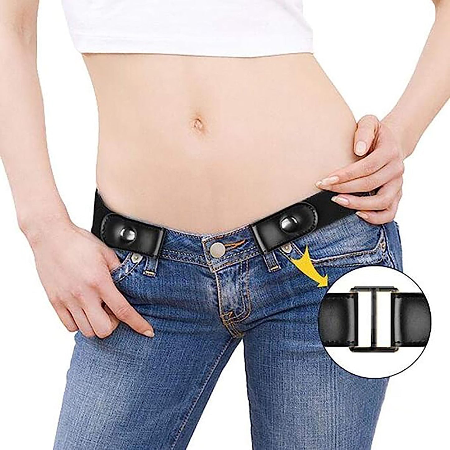 Buckle free No Hassle Elastic Invisible Belt for Jeans Made with Genuine Leather - Black