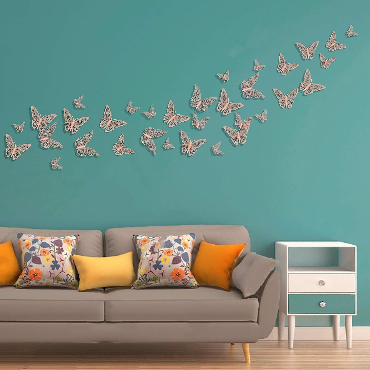 3D Removable Metallic Butterfly Wall Sticker Decoration 72 Pcs - Rose Gold