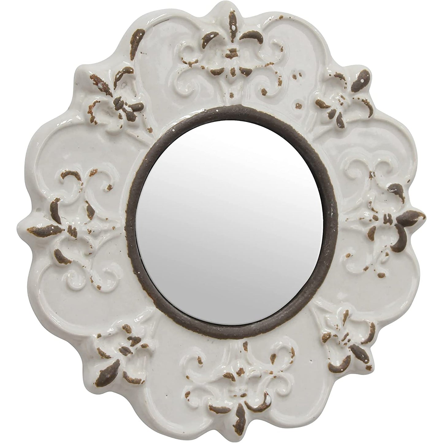 Decorative 8 Inch Antique White Round Ceramic Accent Wall Mirror