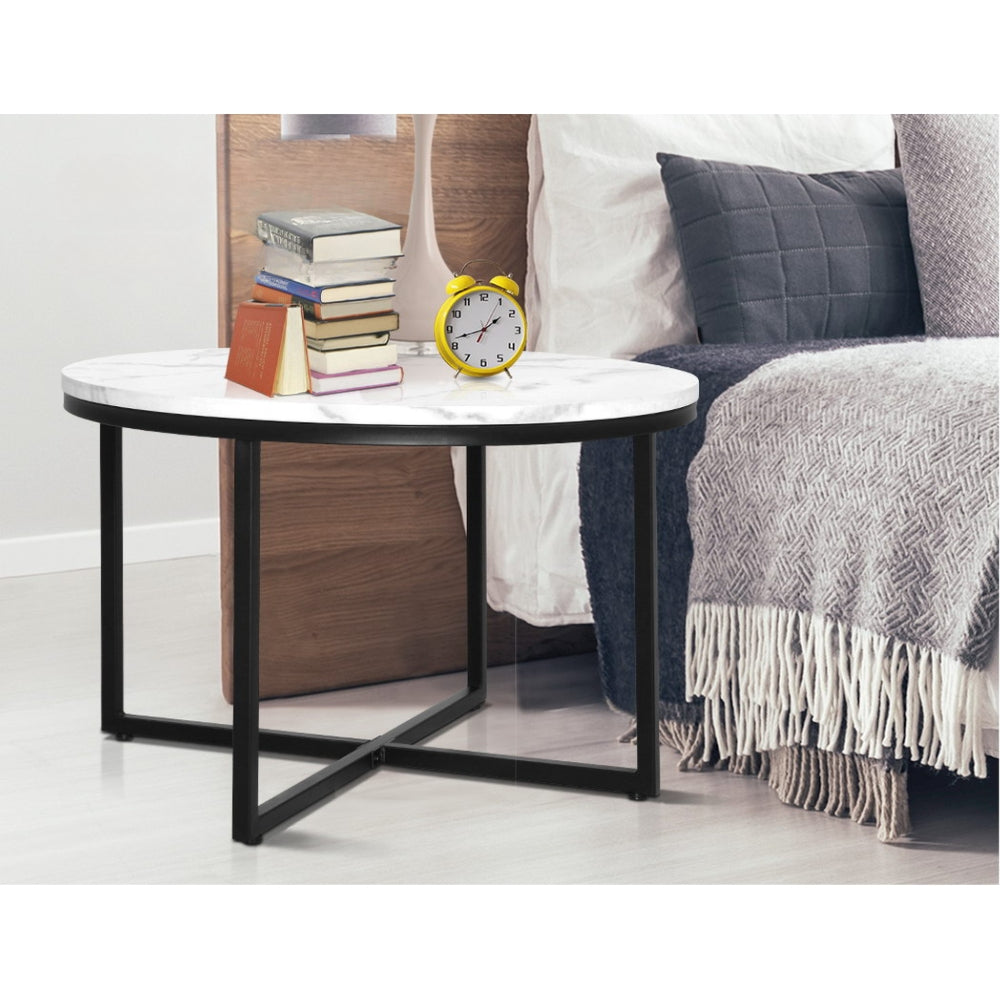Coffee Table Marble Effect Side Tables Bedside Round Black Metal 70X70CM