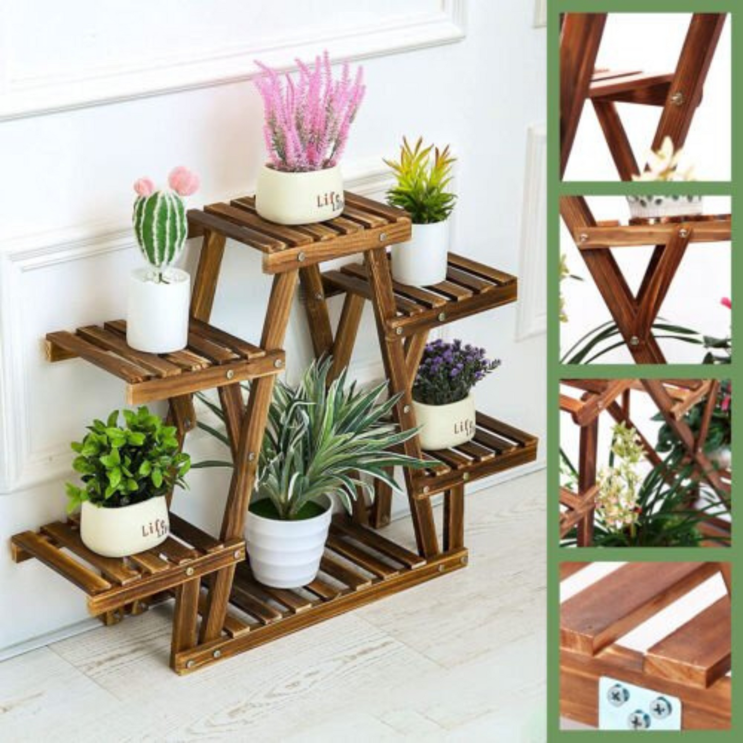 Heavy Duty Triangle Wood Plant Stand Indoor Outdoor Flower Succulent Shelf