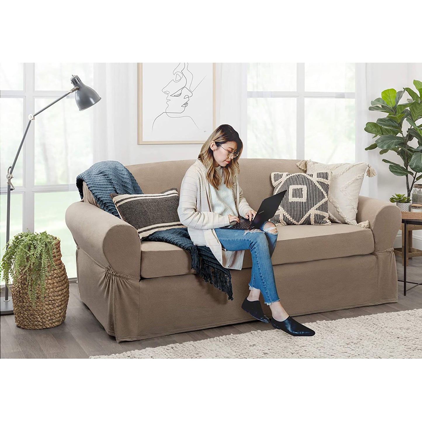 Stretchable 2 Piece Sofa Slipcover Polyester Blend - Sand