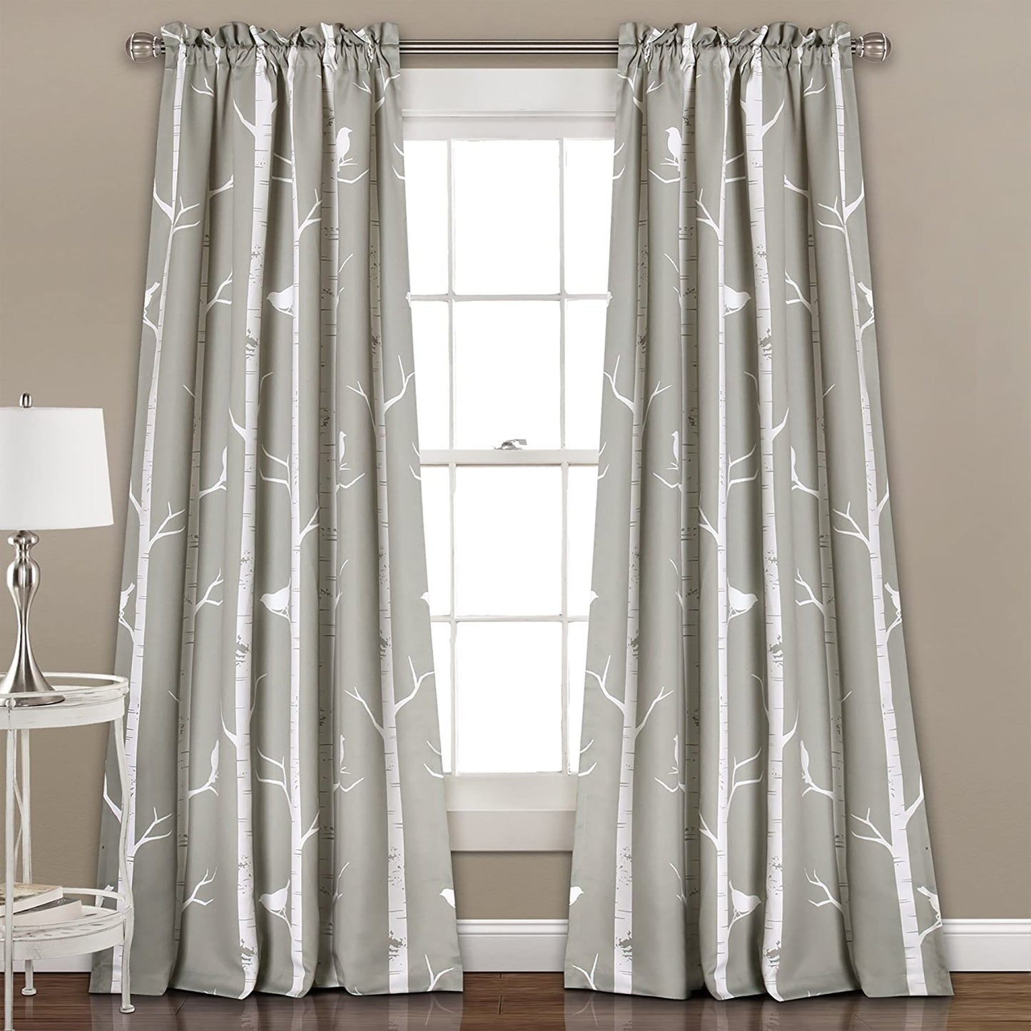 Bird on The Tree Room Darkening Window Panel Curtain Set 84 x 52 Inch - Gray