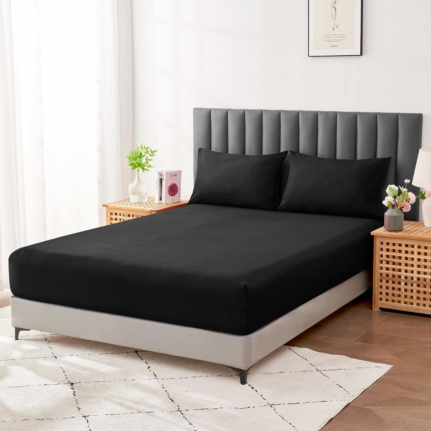 1000TC Cotton Blend Soft and Breathable Fitted Sheet 40cm Deep Pocket - Black