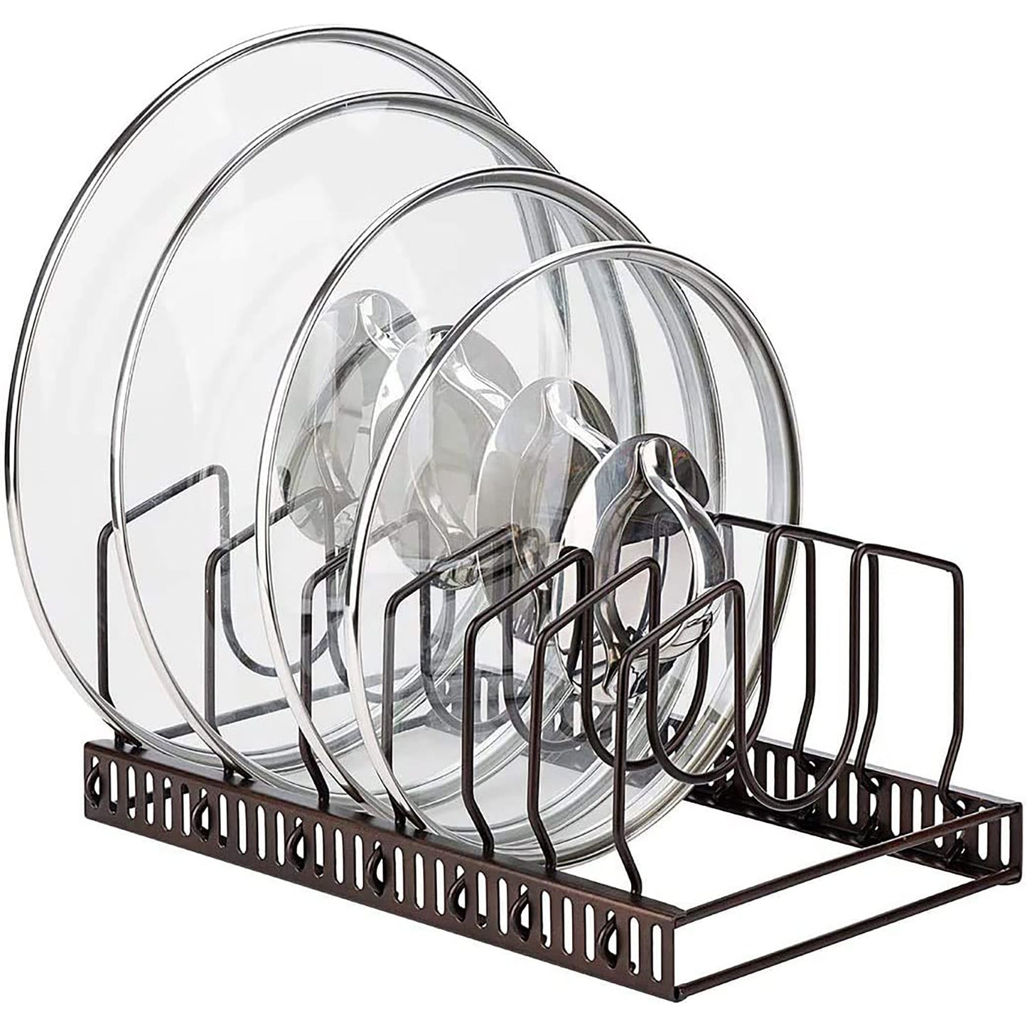 Adjustable Kitchen Lid Organizer with 7 Adjustable Compartments for Pantry or Cabinet - Brown
