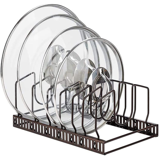 Adjustable Kitchen Lid Organizer with 7 Adjustable Compartments for Pantry or Cabinet - Brown