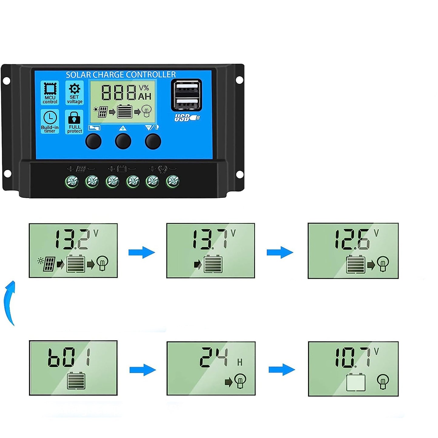 Multi Function Adjustable LCD Display Solar Panel Controller with 5V Dual USB Port Timer Setting