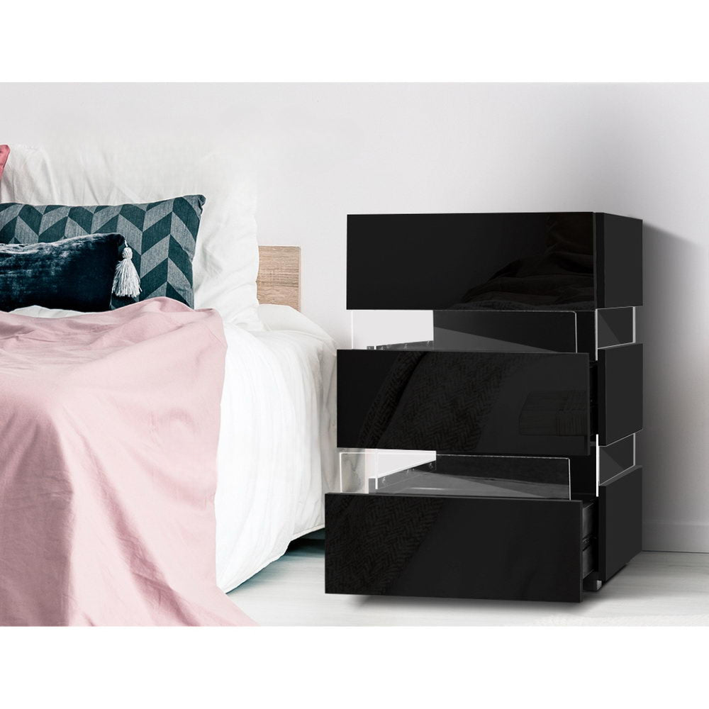 Bedside Table Side Unit RGB LED Lamp 3 Drawers Nightstand Gloss Furniture Black