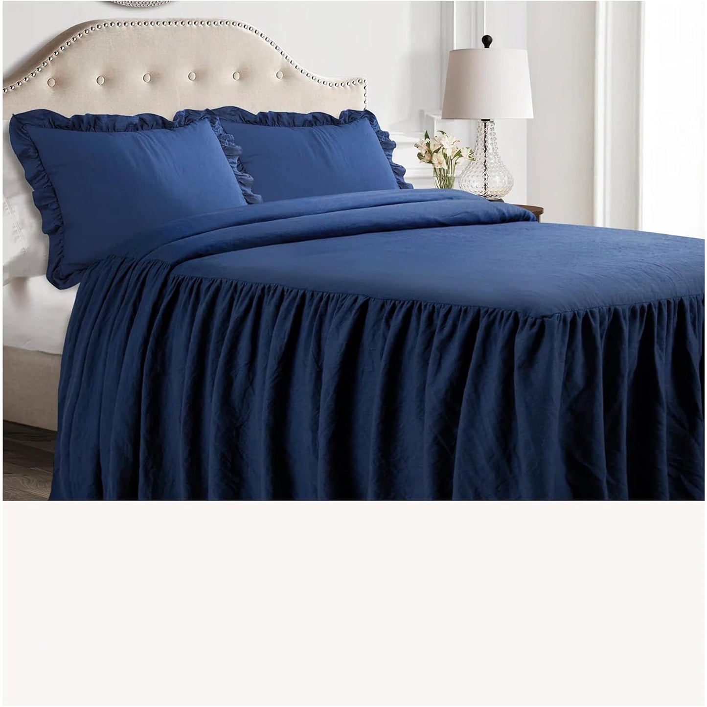 Vintage Chic Farmhouse Style Lightweight Ruffle Skirt Bedspread - Navy