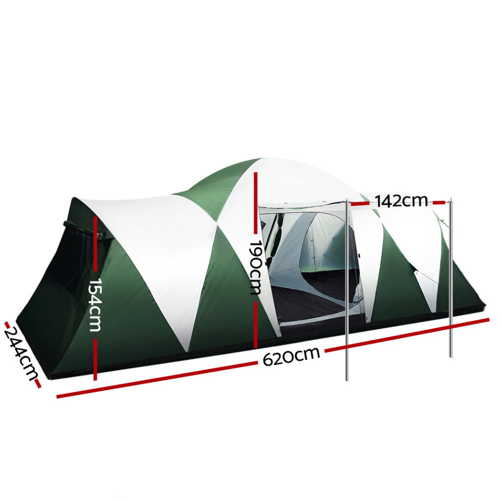 Camping Tent Hiking Beach Tents 3 Room Green - Fits 12 Person