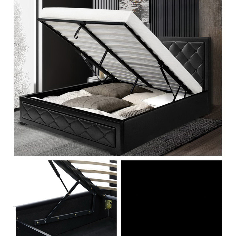 Bed Frame PU Leather Gas Lift Storage - Black Queen