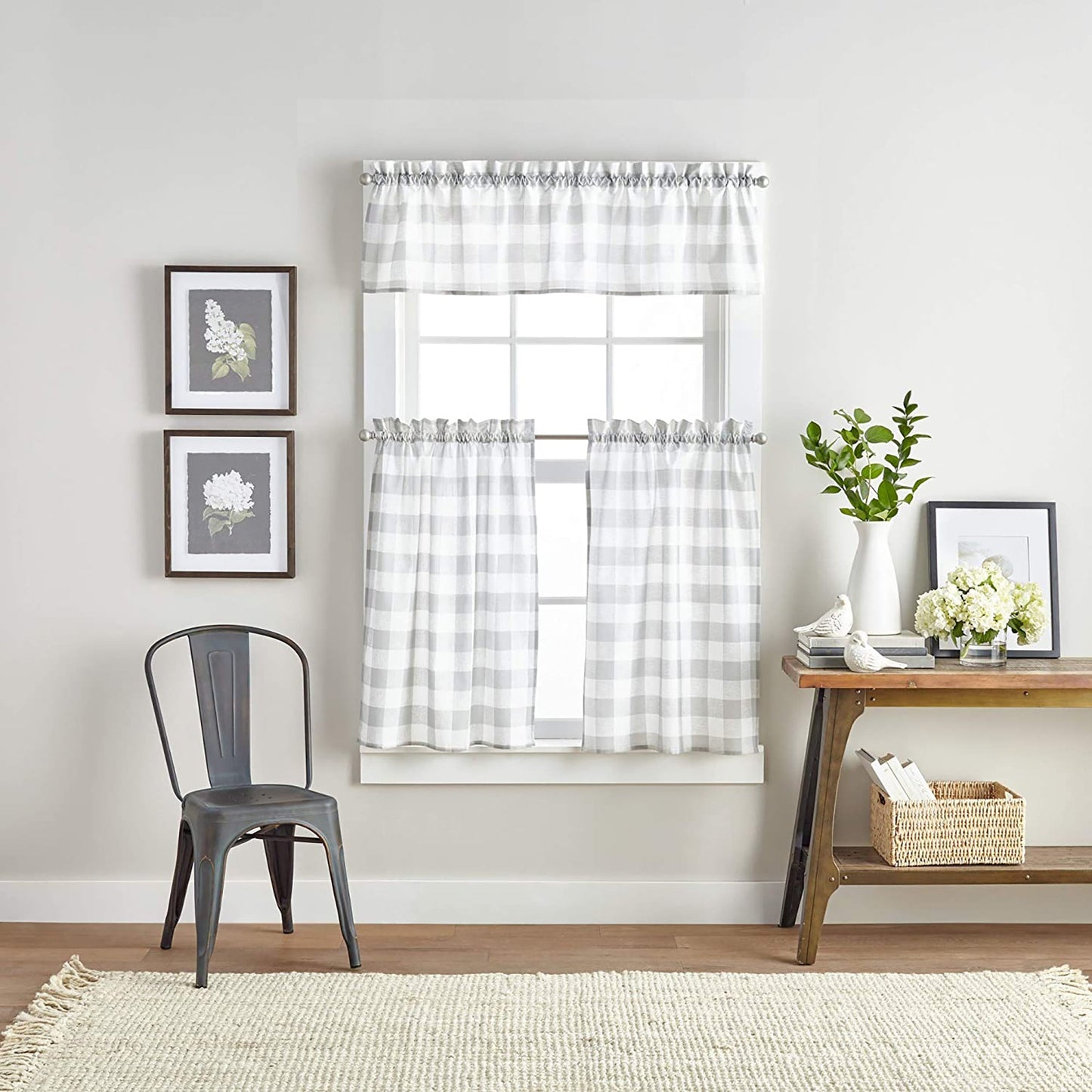 Country Modern Rustic Farmhouse Check Curtain Window Valance and Tiers Set - Grey