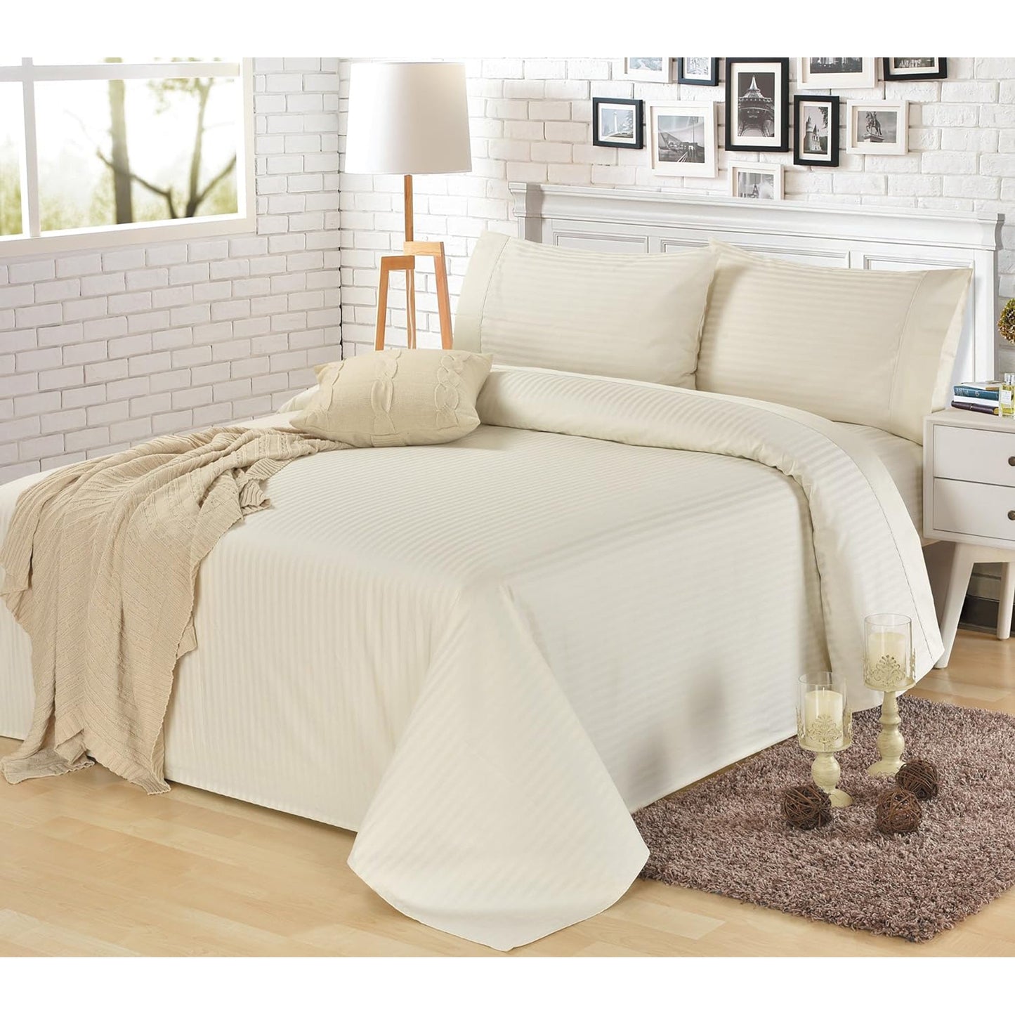 1200TC Egyptian Cotton Luxury Deep Pocket Bed Sheet Set - Ivory Stripe