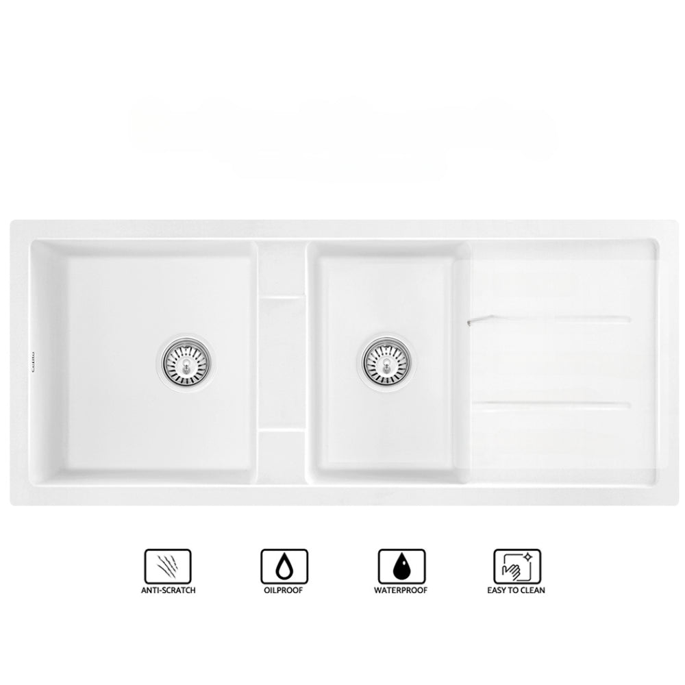 Stone Kitchen Sink 1160X500MM Granite Under/Topmount Basin Double Bowl White