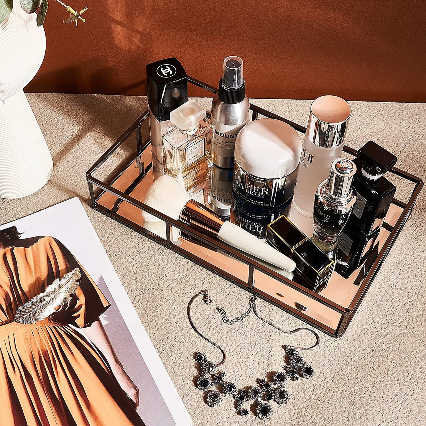 Decorative Metal Mirror Tray Organizer for Bathroom Counter Bathroom 12x7x2 Inch - Black