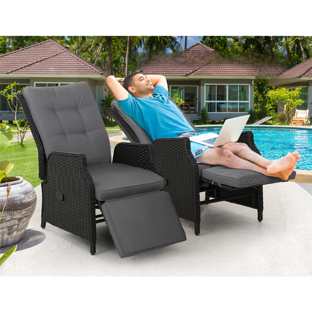 Recliner Chairs Outdoor Patio Wicker Lounge Sofa Set of 2 - Black