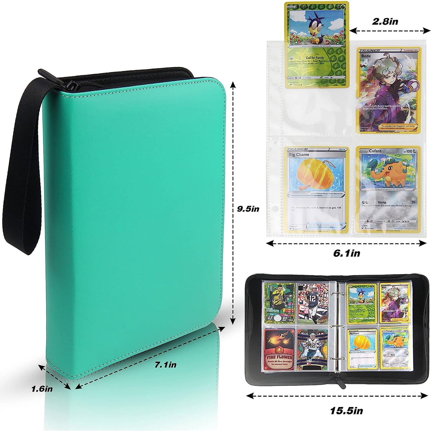 4-Pocket Pages Sleeves Card Binder Protector for PKMN Trading Cards 400 Pockets Card - Teal