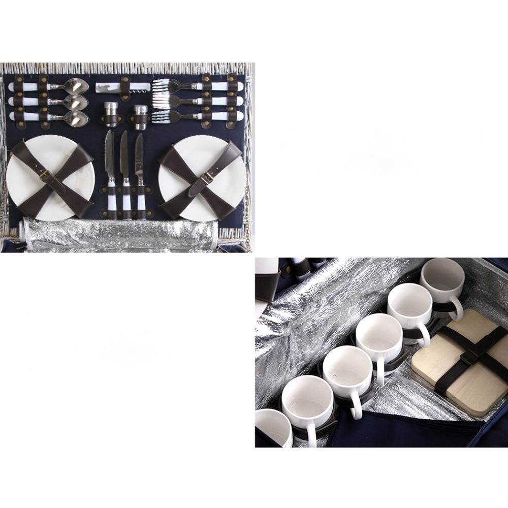 6 Person Picnic Basket Set Cooler Bag Wicker PU Fastening Straps Plates