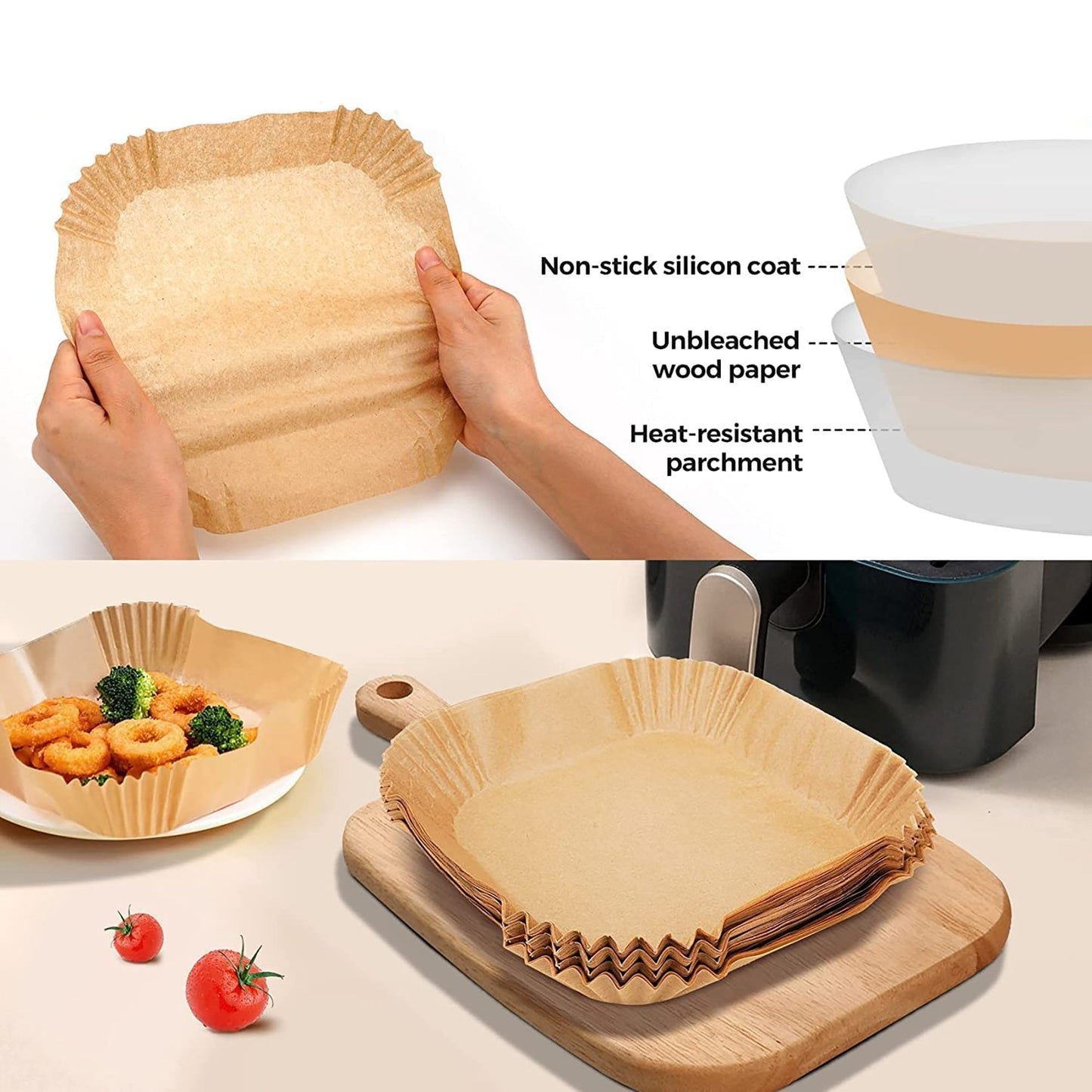 Air Fryer Square Disposable Parchment Paper Liner 7.9 Inch 100 PCS - Brown