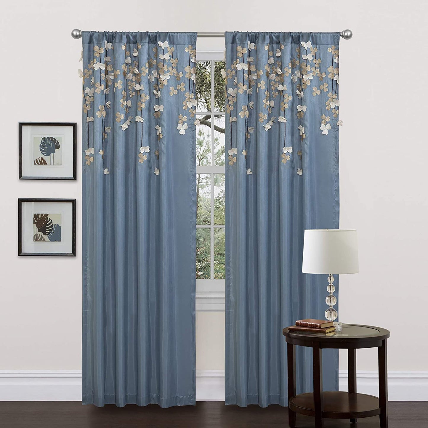 Delicate Laser Cut Vine Flower Drop Curtain Panel - Blue