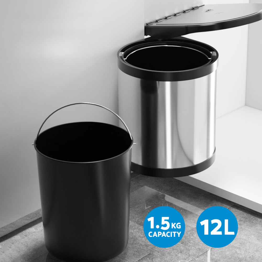 Kitchen Swing Out Pull Out Bin Stainless Steel Garbage Rubbish Can 12L
