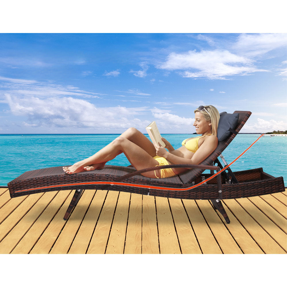 Sun Lounge Outdoor Wicker Lounger Rattan Garden Patio Set of 2 - Brown