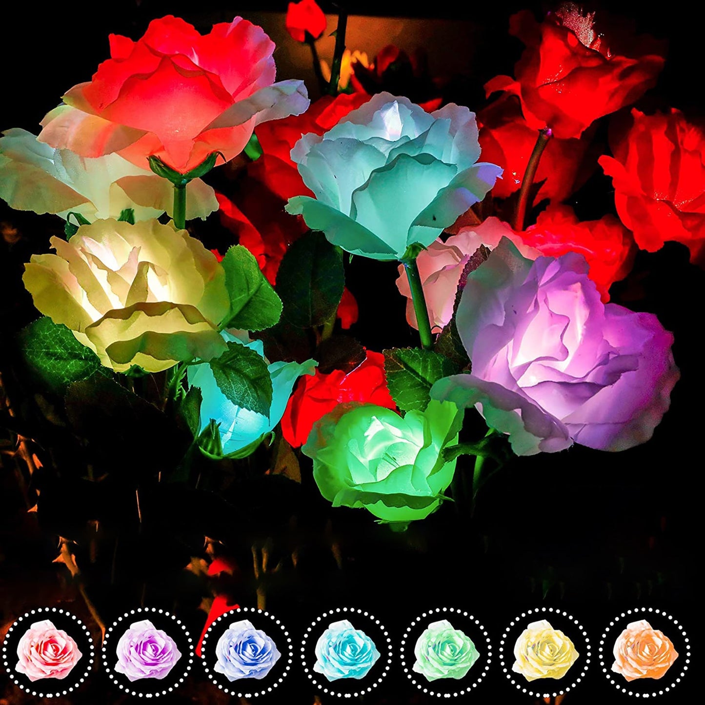 Outdoor Solar Garden Lights with 7 Color Changing Rose Lights 2 Pack - Red and White