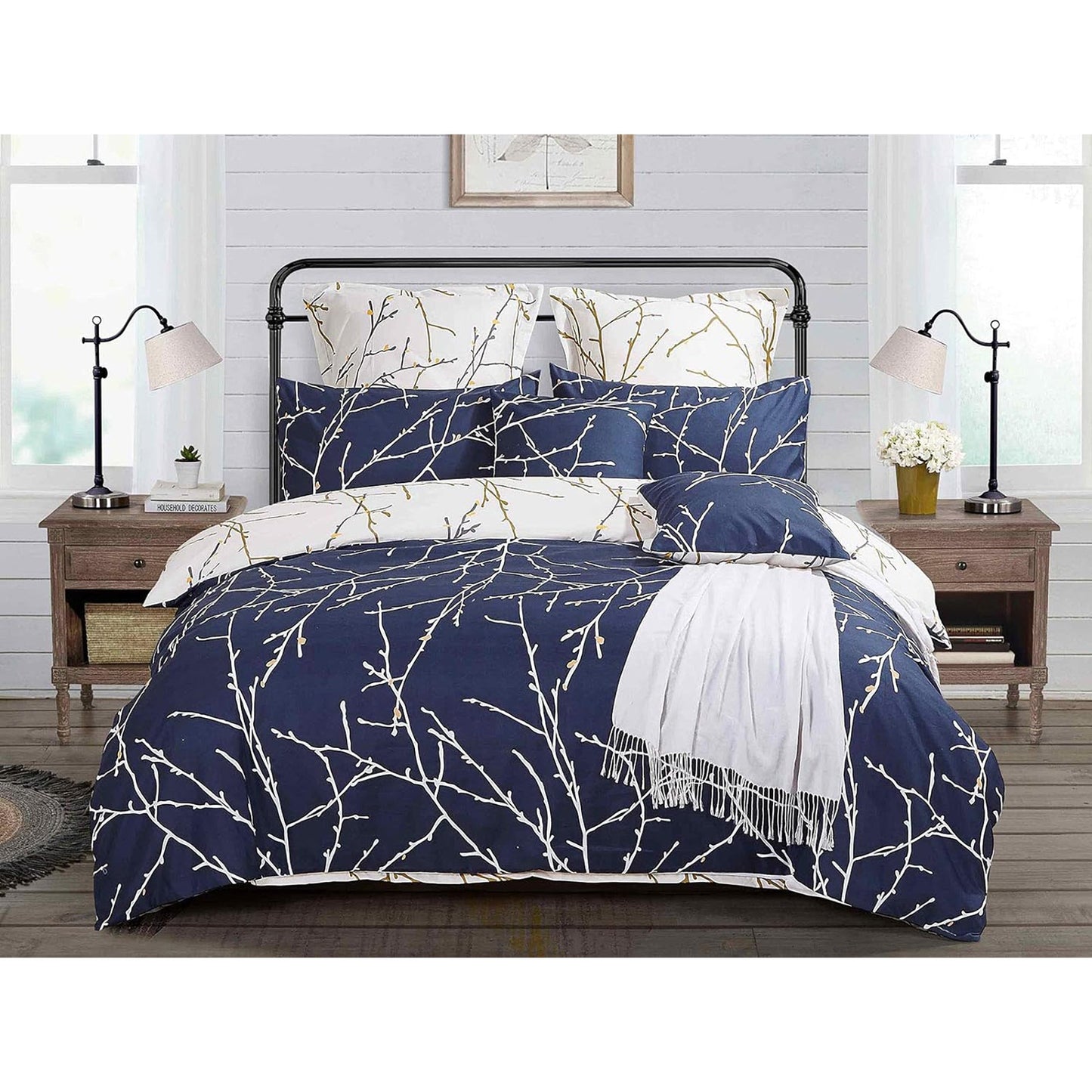 Polyester Reversible Quilt Cover Set - Tree Blue and Beige