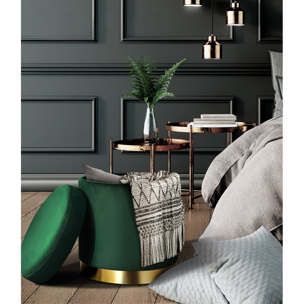 Storage Ottoman Foot Stool Round Velvet Foot Rest Pouffe Footstool Green