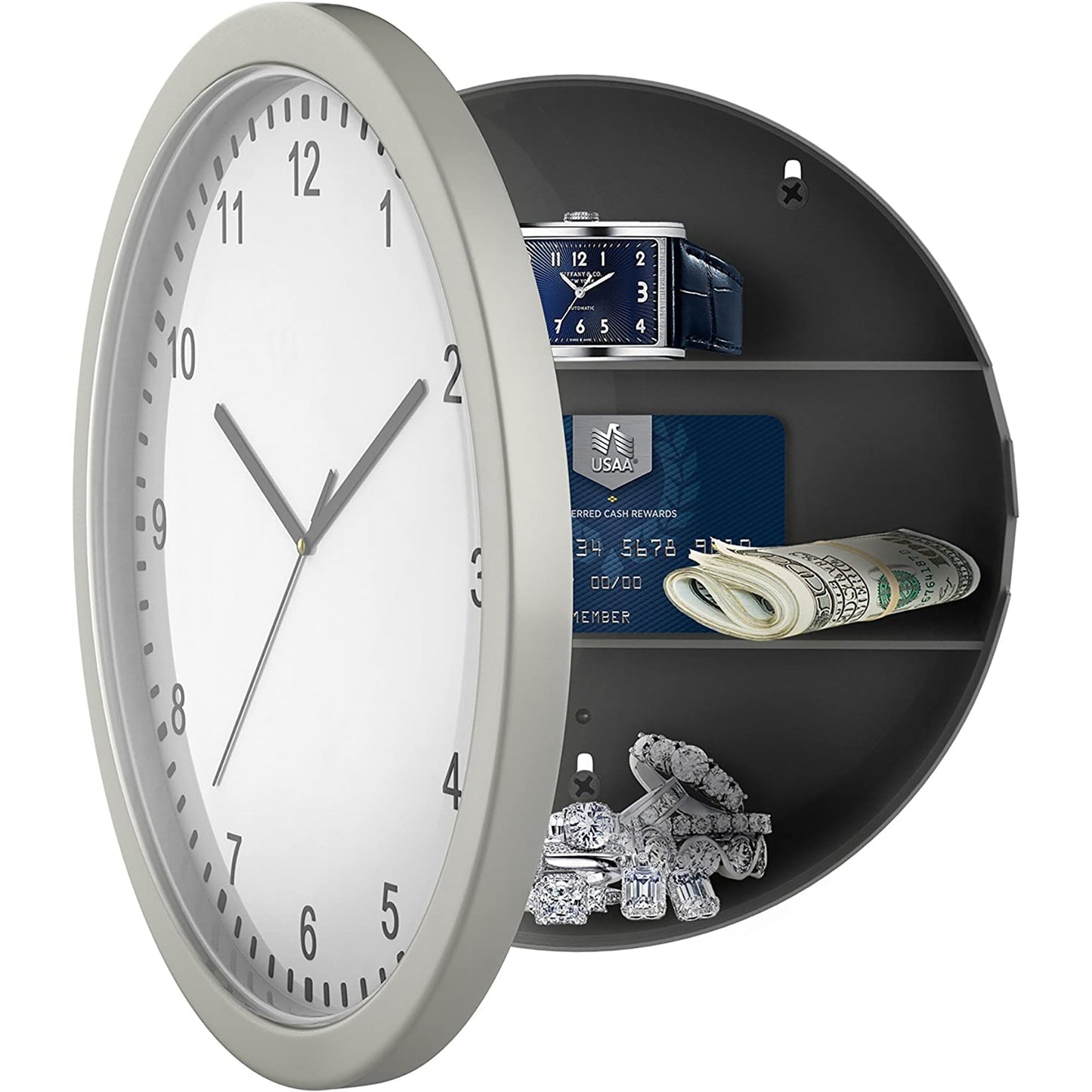 Battery Operated Analog Clock with Hidden Wall Safe for Valuables and More - Silver