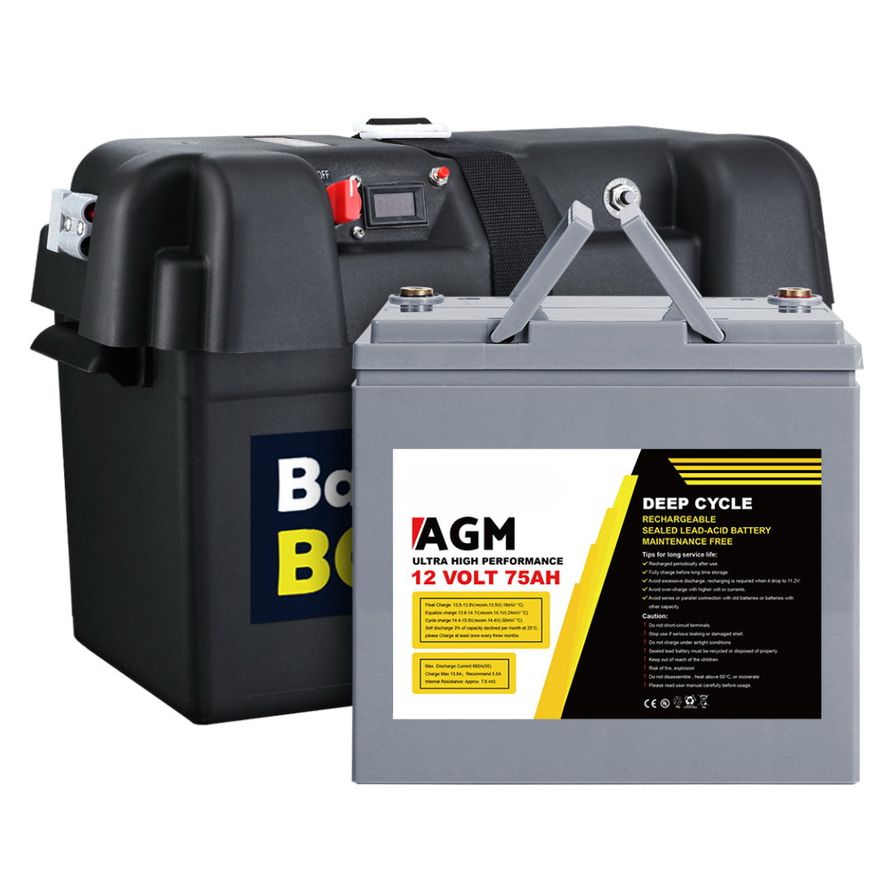 Solar Powered Marine Battery Battery Caravan Box AGM 4WD 75Ah - 12V